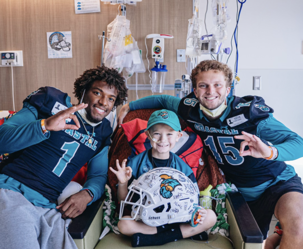 Coastal Carolina University quarterback Ethan Vasko and running back Braydon Bennett visit Atticus at MUSC. Photo provided by Ben Hampton